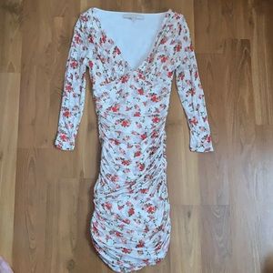 Guess Floral Shirred Dress with v neckline and 3/4 sleeves